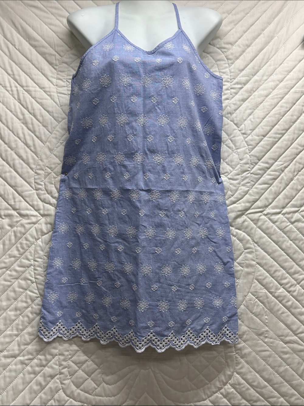 Embroidered Light Blue Mini Dress with Scalloped Hem